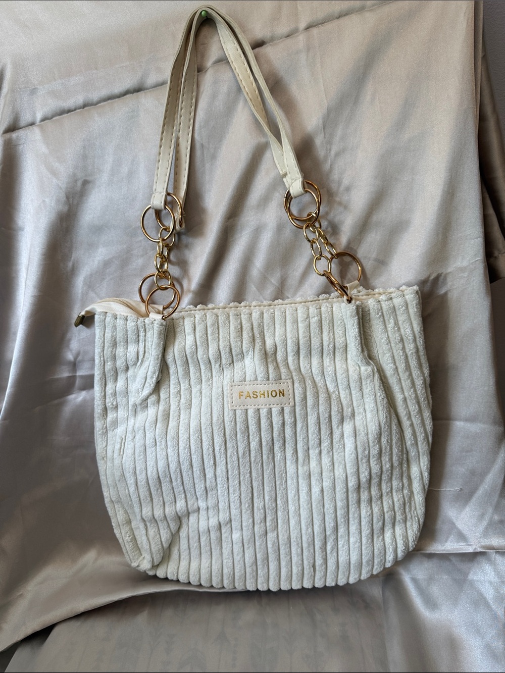Cream Ribbed Shoulder Bag with Gold Accents, NWOT.